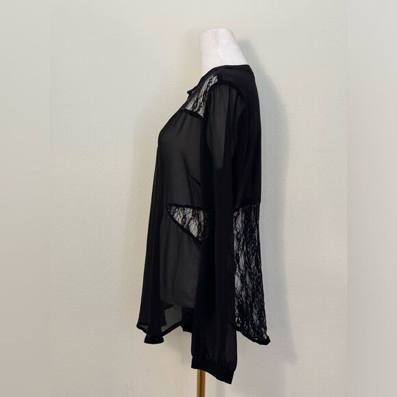 Anthropologie Lush Black Long Sleeve Sheer Top Lace Accents Women’s Size Medium - Picture 7 of 15